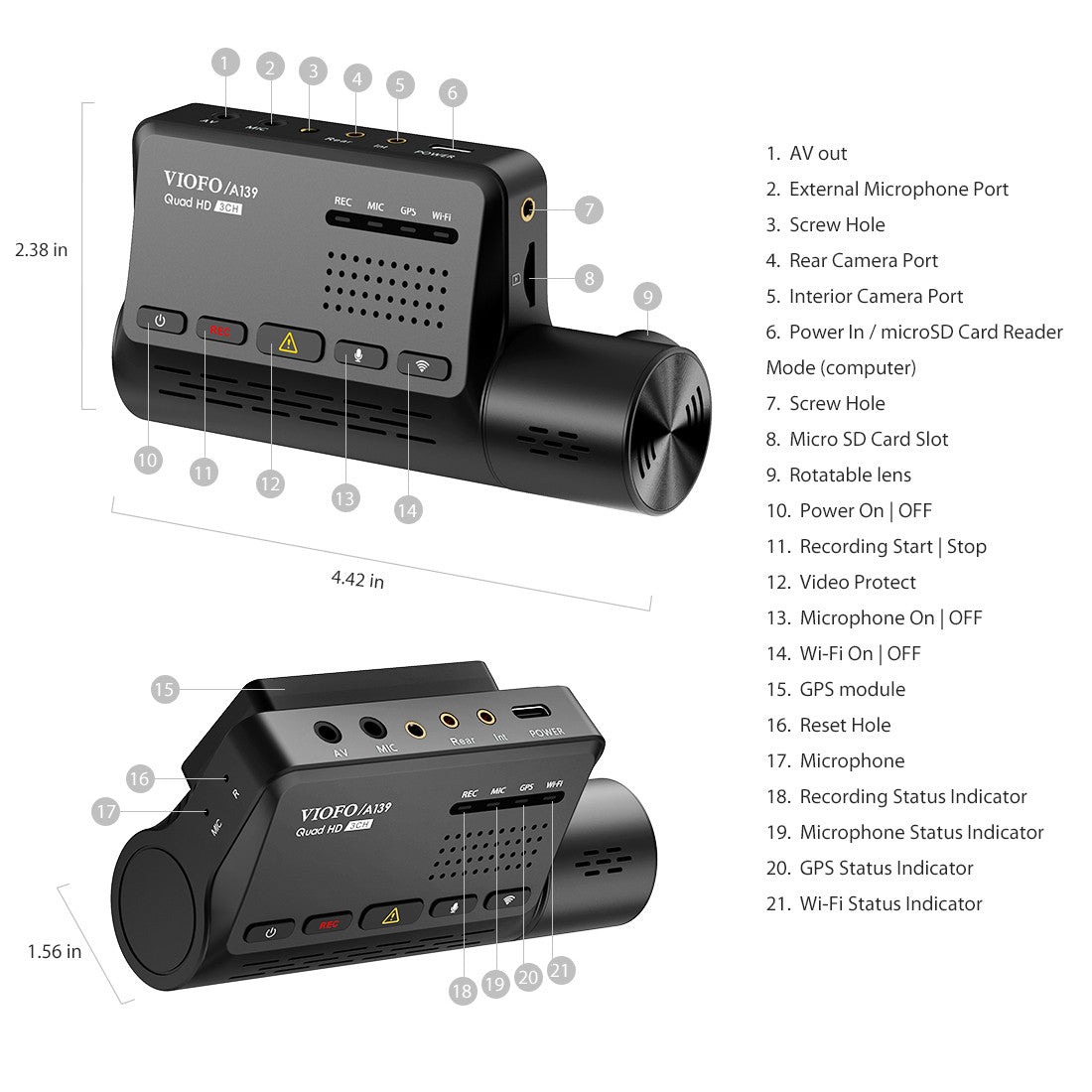 A139 3CH 3 Channel Dash Cam Front 2K 1440P + Interior 1080P + Rear 1080P 5GHz Wi-Fi GPS Dash Camera