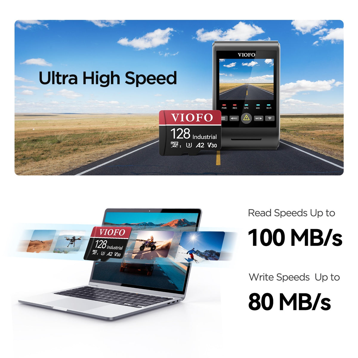 VIOFO 128GB Industrial Grade microSD Card, U3 A2 V30 High Speed Memory Card with Adapter, Support Ultra HD 4K Video Recording