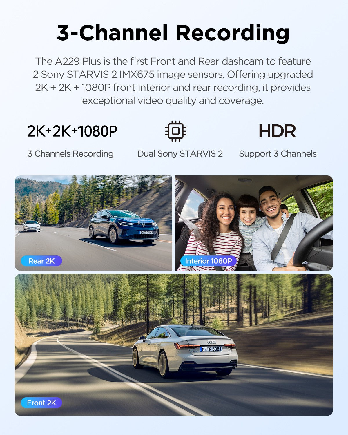 VIOFO A229 Plus 3CH 2K+2K+1080P HDR 5GHz Wi-Fi GPS Voice Control 3 Channel Dash Camera with Dual Sony STARVIS 2 Sensor