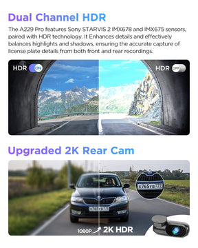 VIOFO A229 PRO 2CH Front and Rear 4K+2K HDR Dual Dash Cam with Sony STARVIS 2 Sensors Super Night Vision Voice Control