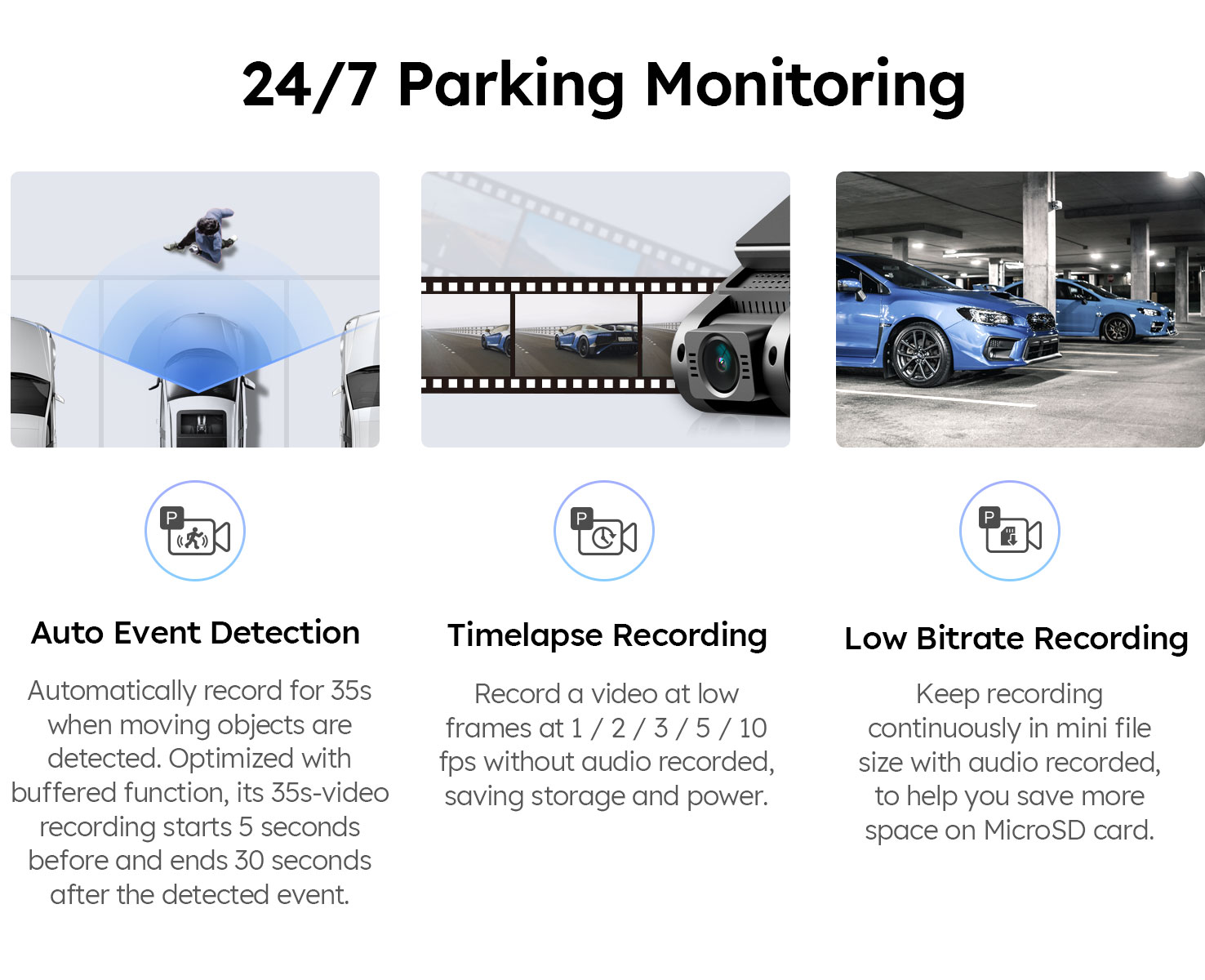 Dash Cam Parking Mode Presentation [Motion Detection vs Low-Bitrate vs  Time-Lapse] 